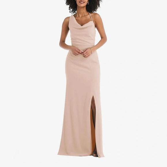 After Six One-Shoulder Draped Cowl-Neck Maxi Dress - 6849 Cameo - Picture 1 of 11